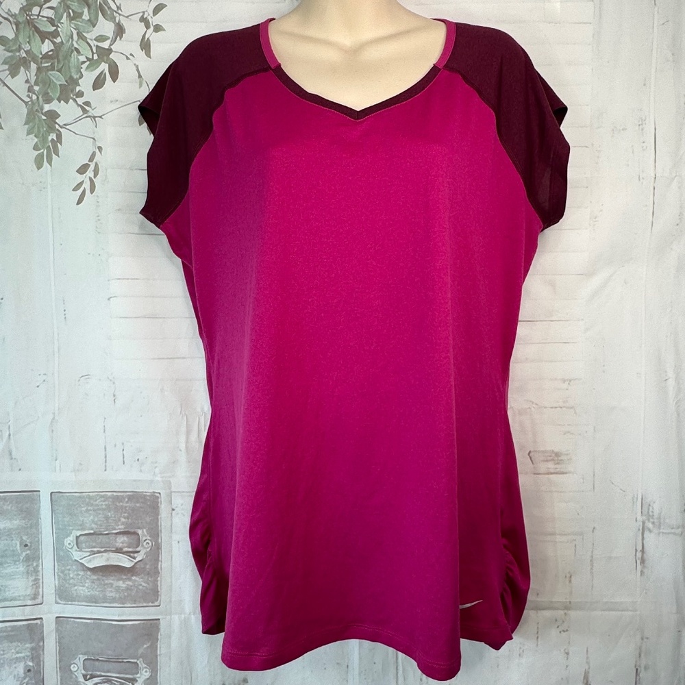Nike Dri Fit Womens Burgundy Sports Athletic Workout SS Ruch Shirt Top Sz. XL - Picture 1 of 16